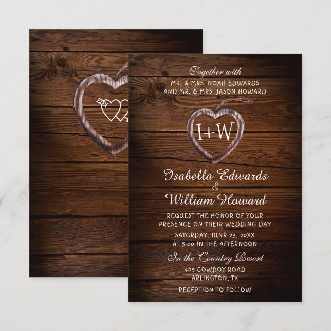 Rustic Wood Heart Wedding bjudande Inbjudningar (Fram/baksida)