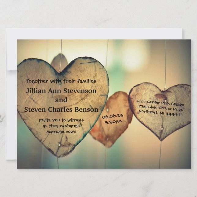 Rustic Wood Hearts - 6,5 x 8,75 bröllopsinbjudan Inbjudningar (Framsida)