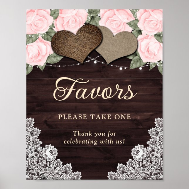 Rustic Wood Hearts  Rosa Blommigt Wedding Favor Poster (Framsidan)