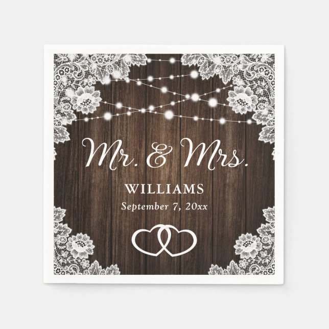 Rustic Wood Hearts Snöre String Ljus Bröllop Pappersservett (Framsidan)