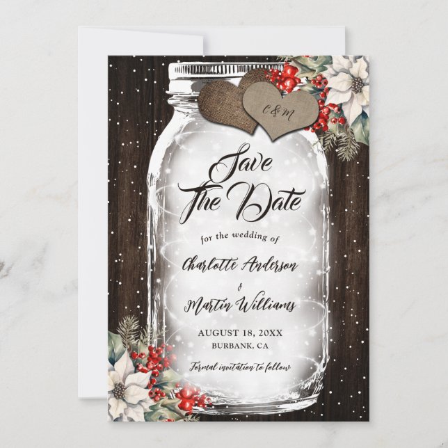 Rustic Wood Holly Berries Mason Jar Winter Wedding Spara Datumet (Framsida)