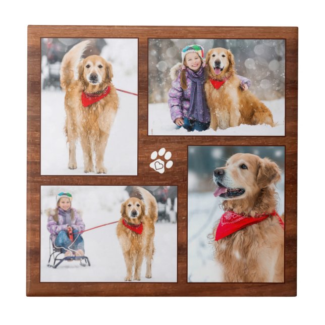 Rustic Wood Hund älskare Photo Collage Kakelplatta (Framsidan)