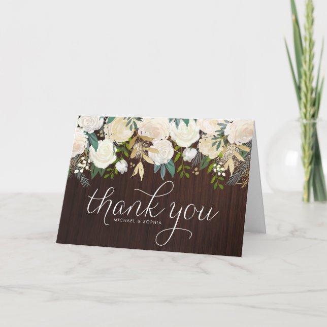 Rustic Wood Ivory Peonies och Guld Glitter Bröllop Tack Kort (Framsida)