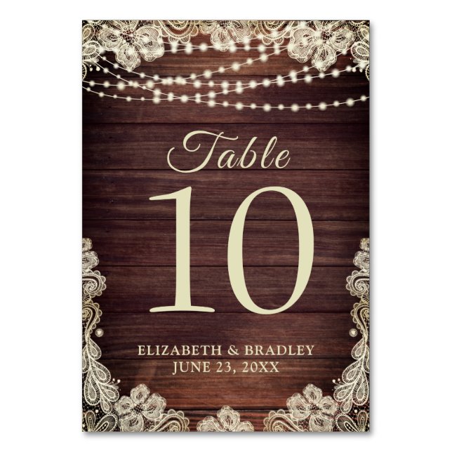 Rustic Wood Ivory Snöre String Ljus Bröllop Bordsnummer (Framsidan)