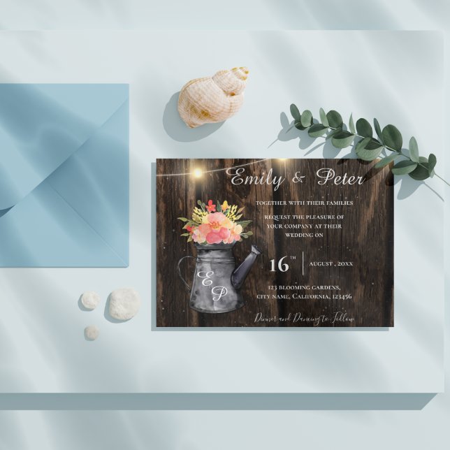 Rustic Wood Jug Orange Watercolor Blommigt Bröllop (Rustic Wood Jug Orange Watercolor Floral Wedding Invitation)