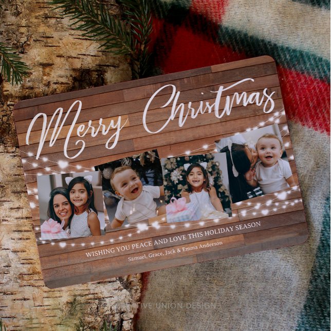 Rustic Wood jul 5 Photo String Ljus Julkort (Rustic Wood Custom Christmas Card. Easy to Personalize. 5 Photo Christmas Card.)