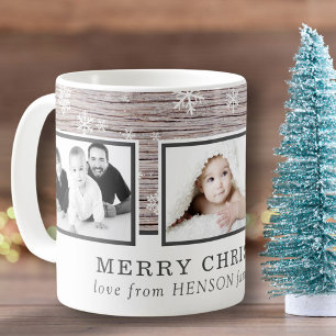 Rustic Wood jul Snöflingor 3 Photo Collage Kaffemugg