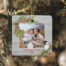 Rustic Wood-julfamiljen Photo Chickadee Julgransprydnad Keramik