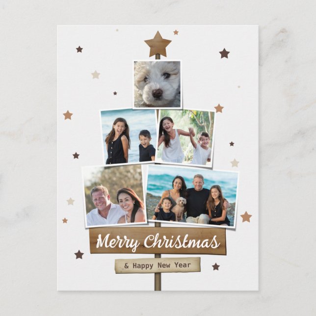 Rustic Wood Julgran | 5 Foton Collage Helg Vykort (Framsida)