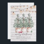 Rustic Wood Julgranar String Ljus Julkort<br><div class="desc">Rustik julserveringsbricka med vattenfärg Juldagen gräs träd,  ljus på träbakgrund och namn i familjen på en lätt träbakgrund.</div>
