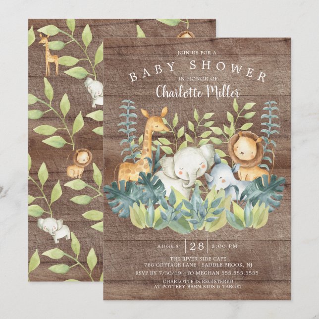 Rustic Wood Jungle Animals Baby Shower Inbjudningar (Fram/baksida)
