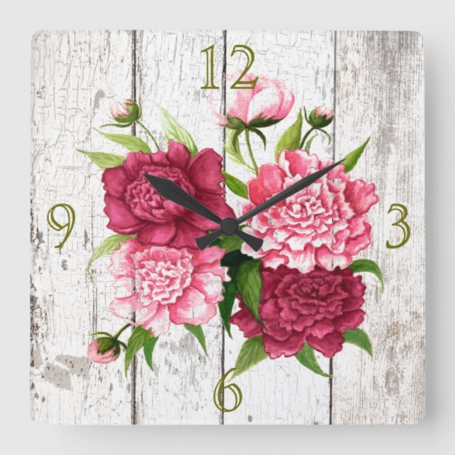 Rustic Wood Kolla med Peonies Wall Clock Fyrkantig Klocka (Framsida)