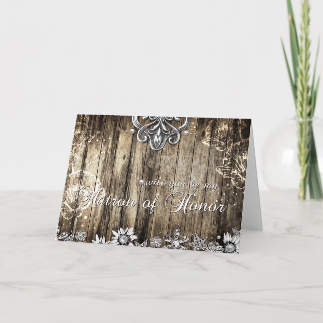 Rustic Wood, kommer du att bli min Matron of Honor Inbjudan (Framsida)