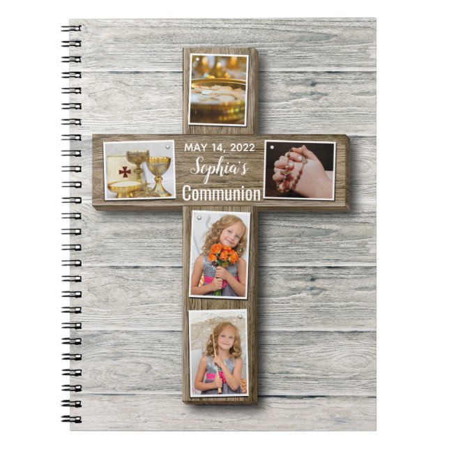 Rustic Wood Kor First Heliga Communion Photo Anteckningsbok (Framsidan)