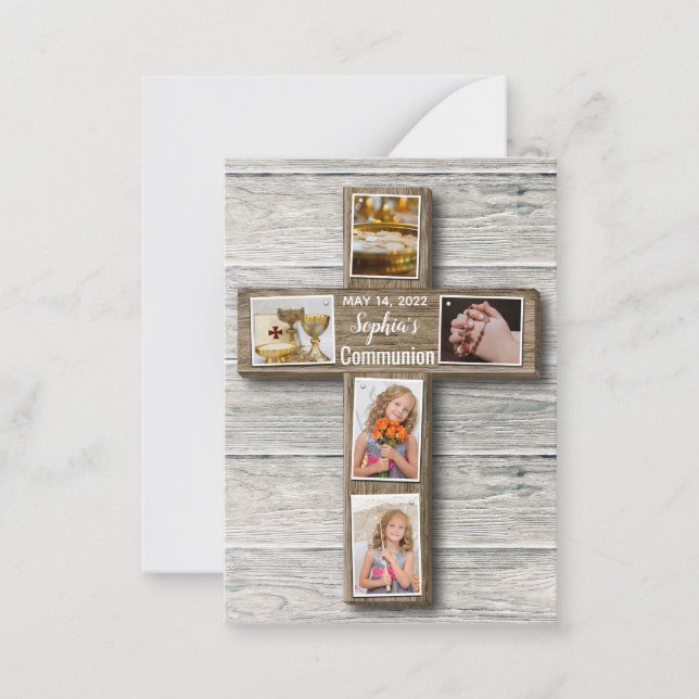 Rustic Wood Kor First Heliga Communion Photo Anteckningskort (Framsida)