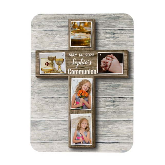 Rustic Wood Kor First Heliga Communion Photo Magnet (Vertikal)