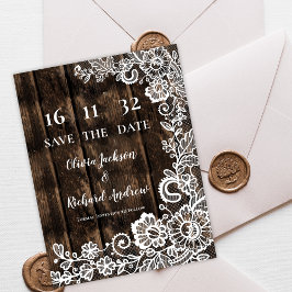Rustic Wood Lace Floral Wedding Save the Date Vykort