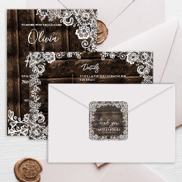 Rustic Wood Lace Floral Wedding Thank You Fyrkantigt Klistermärke