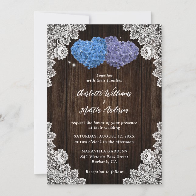 Rustic Wood Lace Purple and Blue Floral Wedding Inbjudningar (Framsida)