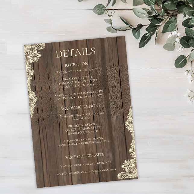 Rustic Wood Lace Wedding Details Enclosure Card OSA Kort (Rustic Wood Lace Wedding Details Enclosure Card)