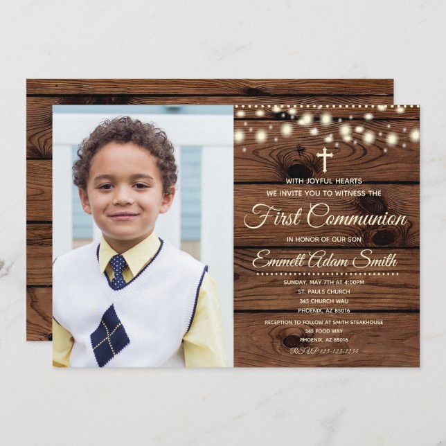 Rustic Wood Land First 1st Communion Boy Girl Inbjudningar (Fram/baksida)