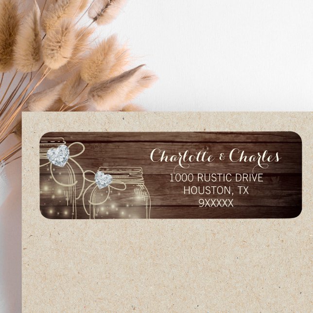 Rustic Wood Land Mason Burk Ljus Bröllop Returadress Etikett (Rustic Wood Country Mason Jar Lights Wedding Label)