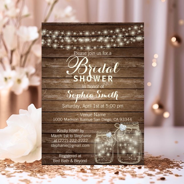 RUSTIC Wood Land Mason Burk Möhippa Inbjudningar (RUSTIC Wood Country Mason Jar Bridal Shower Invitation)