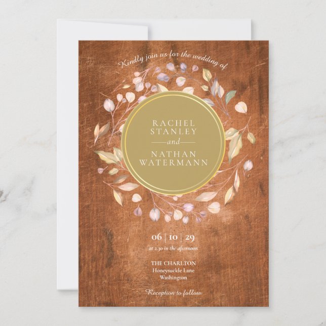 Rustic Wood Laurel Garland Faux Gold Foil Bröllop Inbjudningar (Framsida)