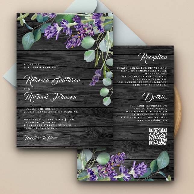 Rustic Wood Lavender Eucalyptus QR Code Bröllop Inbjudningar (Skapare uppladdad)
