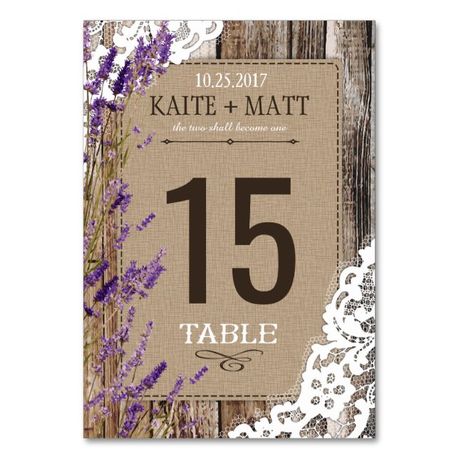 Rustic Wood Lavender Snöre Bröllop Bord Card Bordsnummer (Framsidan)