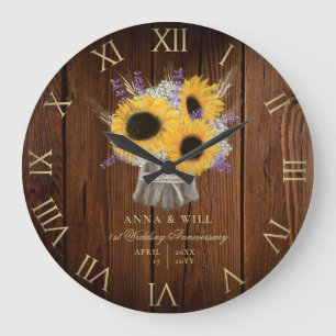 Rustic Wood Lavender Solros Bröllop-årsdagen Stor Klocka