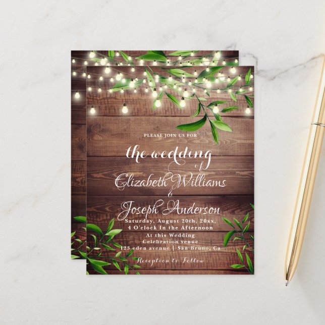 Rustic Wood Light & Greenery Wedding bjudande (Fram/Back In Situ)