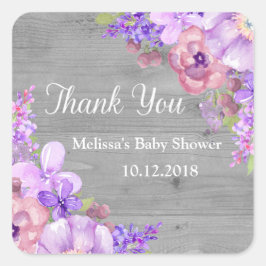 Rustic Wood Lila blommor Baby Shower Tack Fyrkantigt Klistermärke