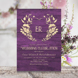 Rustic Wood Lila Monogram bröllopsinbjudan Inbjudningar