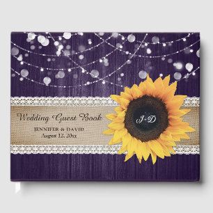 Rustic Wood Lila Solros Bröllop Guest Bok