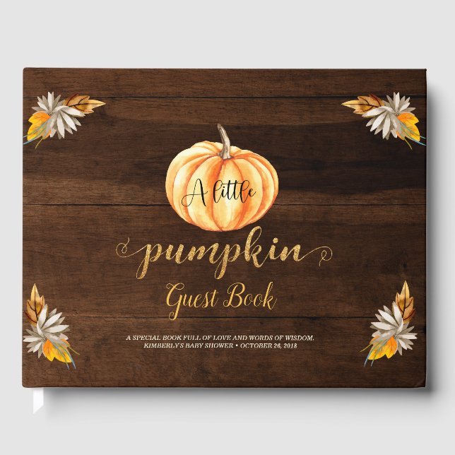 Rustic Wood Little Pumpkin Orange Baby Shower Gästböcker (Framsida)