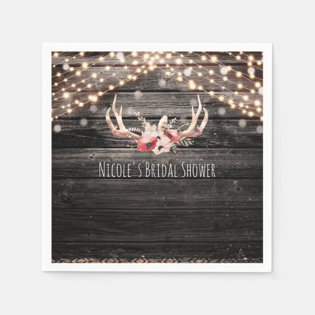 Rustic Wood & Ljus Blommigt Antlers Boho Chic Glam Pappersservett (Framsidan)
