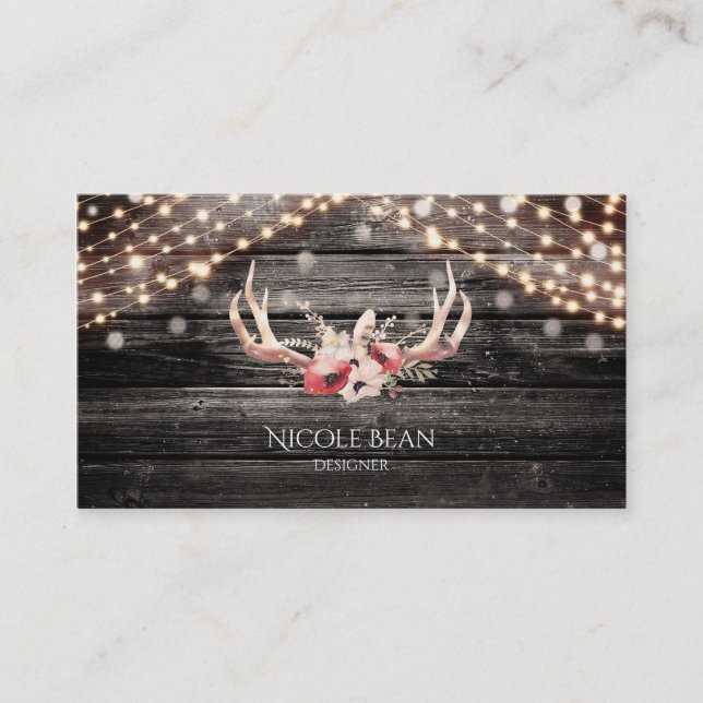 Rustic Wood & Ljus Blommigt Antlers Boho Chic Glam Visitkort (Framsida)