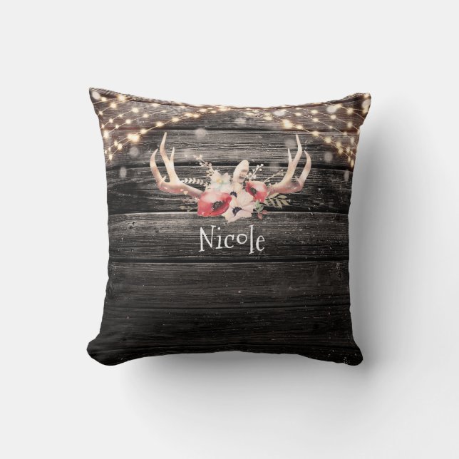 Rustic Wood & Ljus Blommigt Antlers Boho Chic Kudde (Framsida)