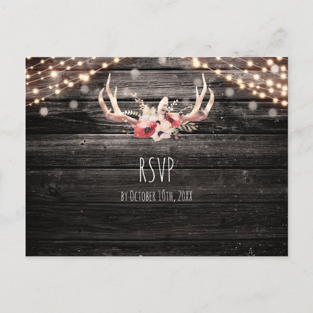 Rustic Wood & Ljus Blommigt Antlers Boho OSA Inbjudan Vykort (Framsida)
