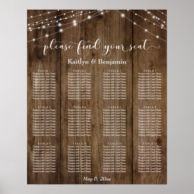 Rustic Wood Ljus bröllopsbesiktning Sittdiagram Poster (Framsidan)