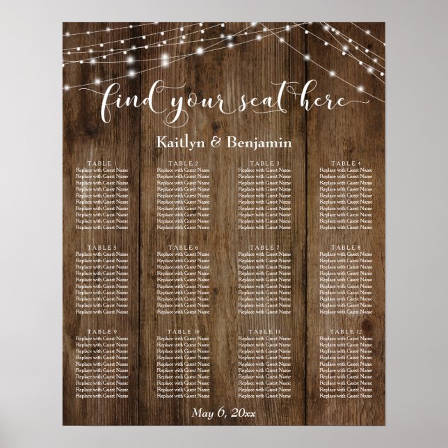 Rustic Wood Ljus bröllopsbesiktning Sittdiagram Poster (Framsidan)