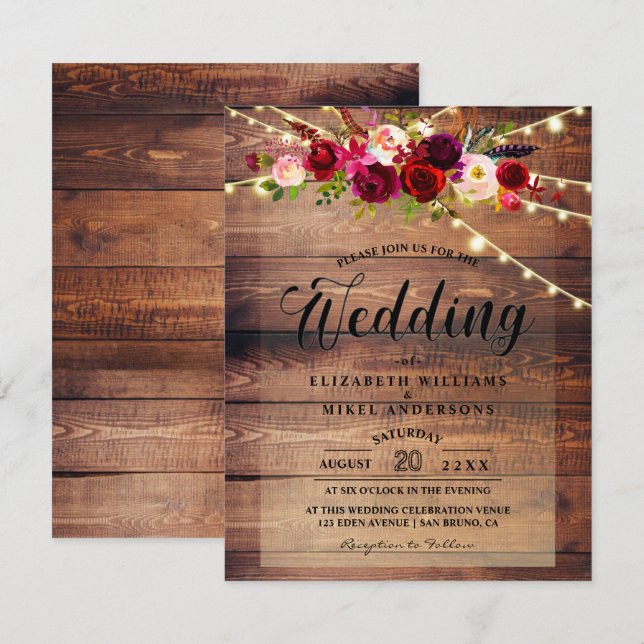 Rustic Wood Ljus & Burgundy Blommigt Bröllop Inbjudningar (Fram/baksida)