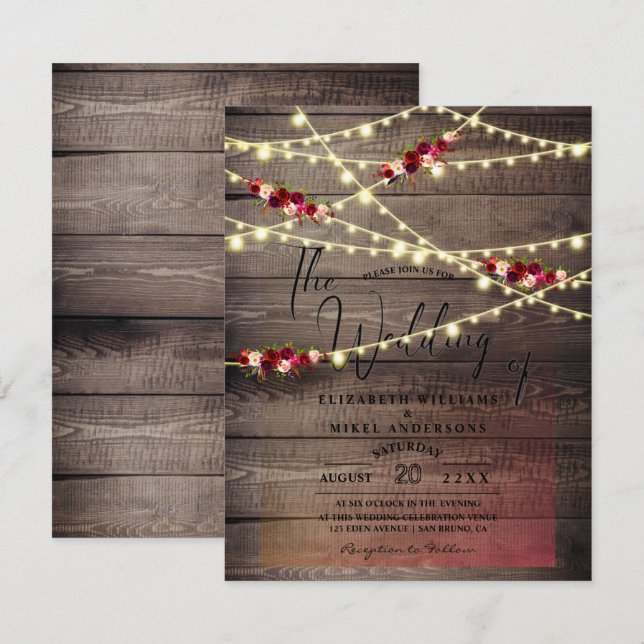 Rustic Wood | Ljus Burgundy-blommor bröllop Inbjudningar (Fram/baksida)
