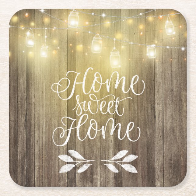 Rustic Wood & Ljus Home Sweet Home Typography Underlägg Papper Kvadrat (Framsidan)