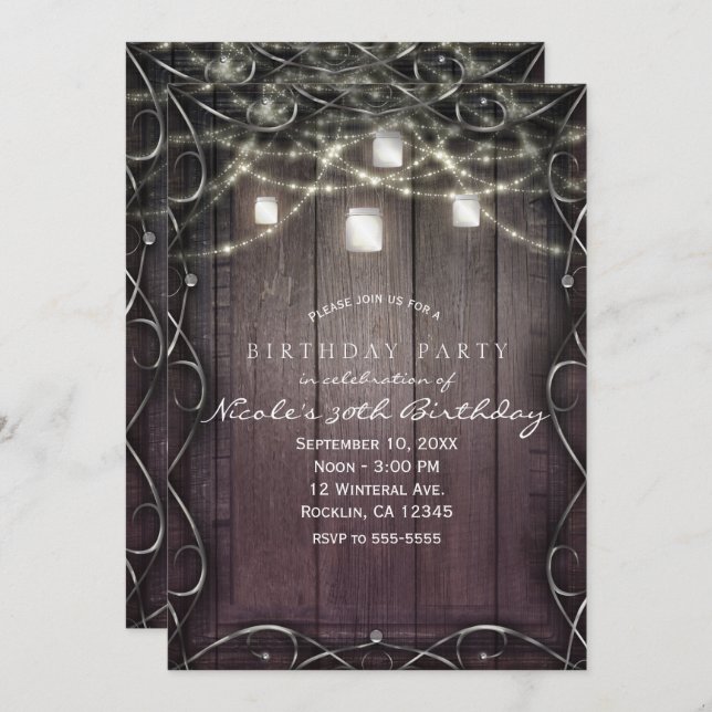 Rustic Wood Ljus & Mason Burk Flourish Birthday Inbjudningar (Fram/baksida)