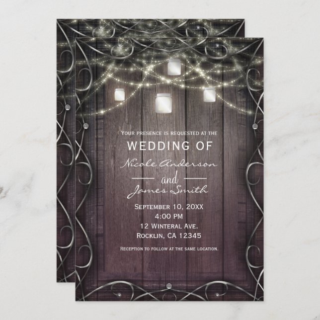 Rustic Wood Ljus & Mason Burk Flourish Bröllop Inbjudningar (Fram/baksida)