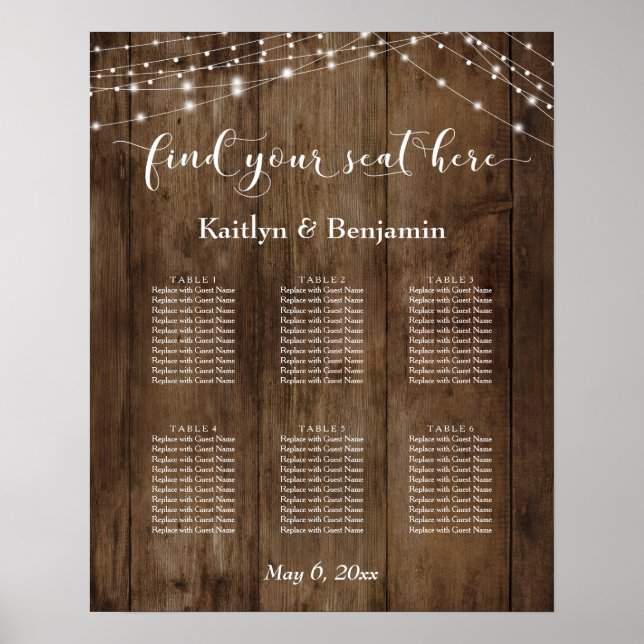 Rustic Wood Ljus Reception 6 Bord Sittdiagram Poster (Framsidan)