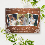 Rustic Wood Ljus Snöre 3 Photo Save Date Card Spara Datumet<br><div class="desc">Rustic Wood String Ljus och Snöre 3 Photo Save the Date Förlovning annonscard</div>