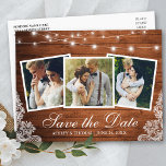 Rustic Wood Ljus Snöre 3 Photo Save Date Inbjudan Vykort<br><div class="desc">Rustic Wood String Ljus och Snöre 3 Photo Save the Date Förlovning Notification Postcard</div>
